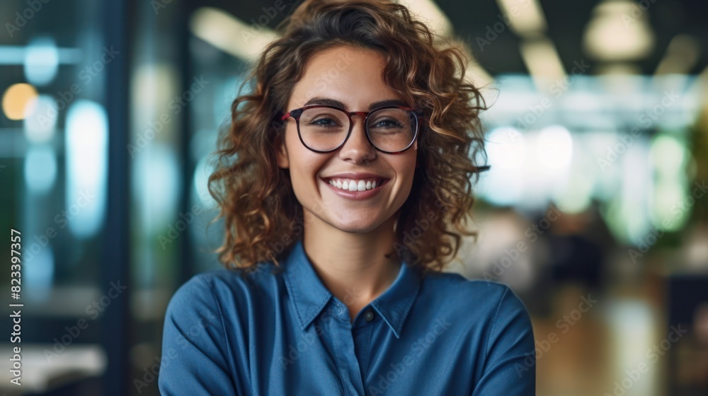 A woman with glasses smiling directly at the camera