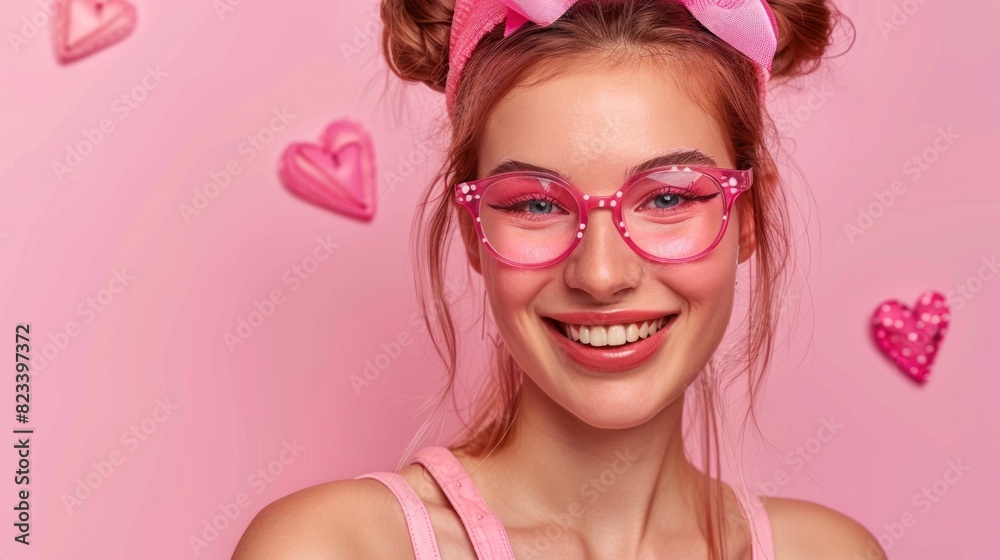 A young girl with pink glasses and a matching pink bow in her hair A young girl with pink glasses and a matching pink bow in her hair