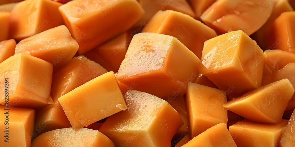 Yellow mango cubes isolated on white background. Concept Food Photography, Fresh Fruit, Yellow Mango, Cubes, White Background Yellow mango cubes isolated on white background. Concept Food Photography, Fresh Fruit, Yellow Mango, Cubes, White Background