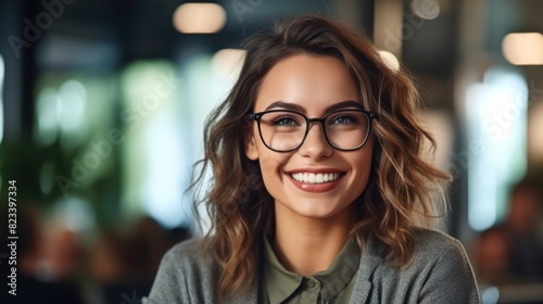 A woman wearing glasses looks directly at the camera with a smile on her face
