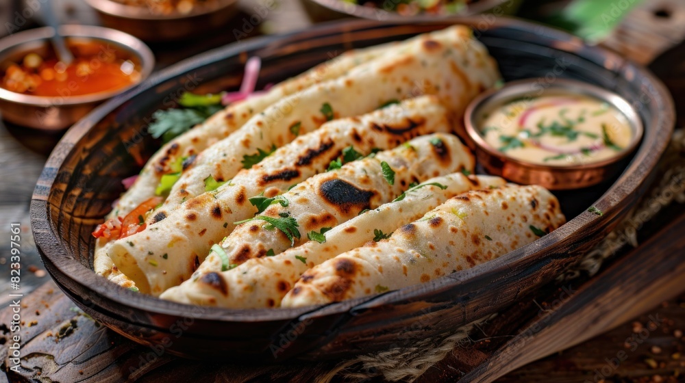 Cream Cheese Chapati roll served in a dish isolated on wooden Cream Cheese Chapati roll served in a dish isolated on wooden