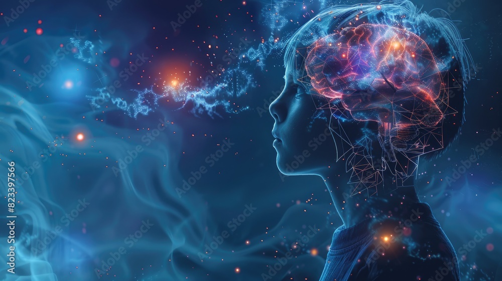 Digital illustration of human head with brain connectivity and data points representing artificial intelligence or cognitive processes Digital illustration of human head with brain connectivity and data points representing artificial intelligence or cognitive processes