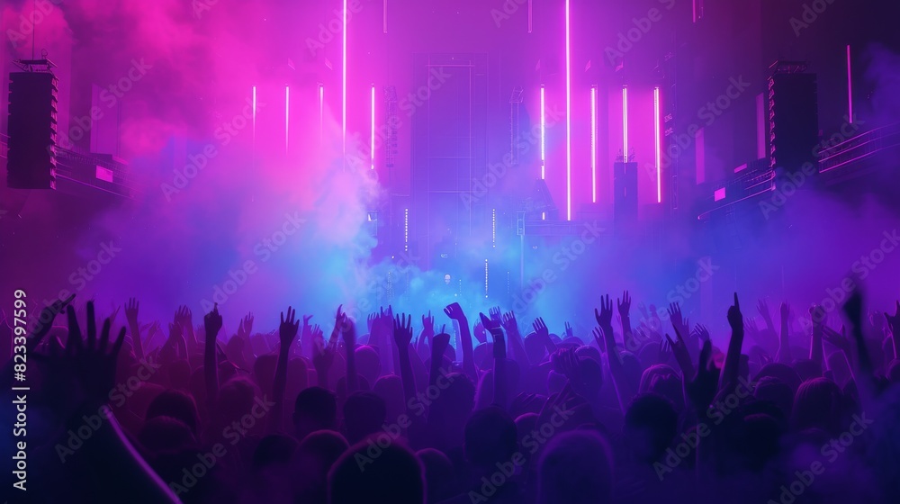 Enthusiastic crowd enjoying a live concert under a dazzling array of pink and purple lights, creating a vibrant party atmosphere. Enthusiastic crowd enjoying a live concert under a dazzling array of pink and purple lights, creating a vibrant party atmosphere.