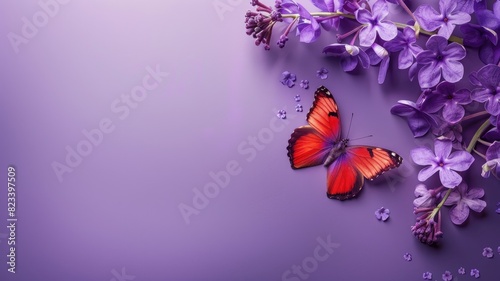 Vibrant orange butterfly on purple flowers against lilac background photo