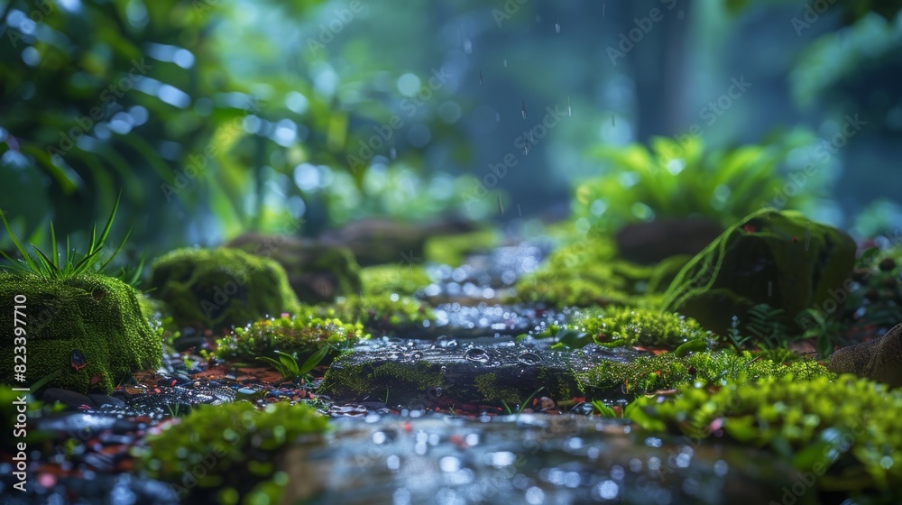 Top of the line CG, surreal photography.Fresh rain on mossy stones in a garden path. beautiful, romantic, and beautiful lighting. Blue sky, ultra-high definition, front view, Nikon photography, Sony Top of the line CG, surreal photography.Fresh rain on mossy stones in a garden path. beautiful, romantic, and beautiful lighting. Blue sky, ultra-high definition, front view, Nikon photography, Sony