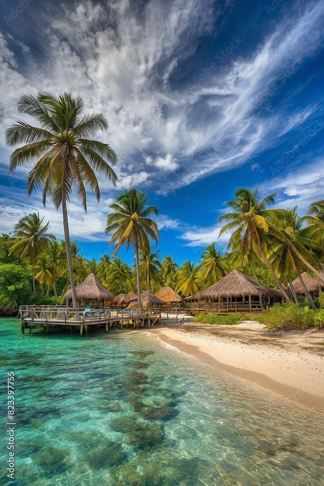 Obraz premium Tropical beach with palm trees and huts on a sunny day