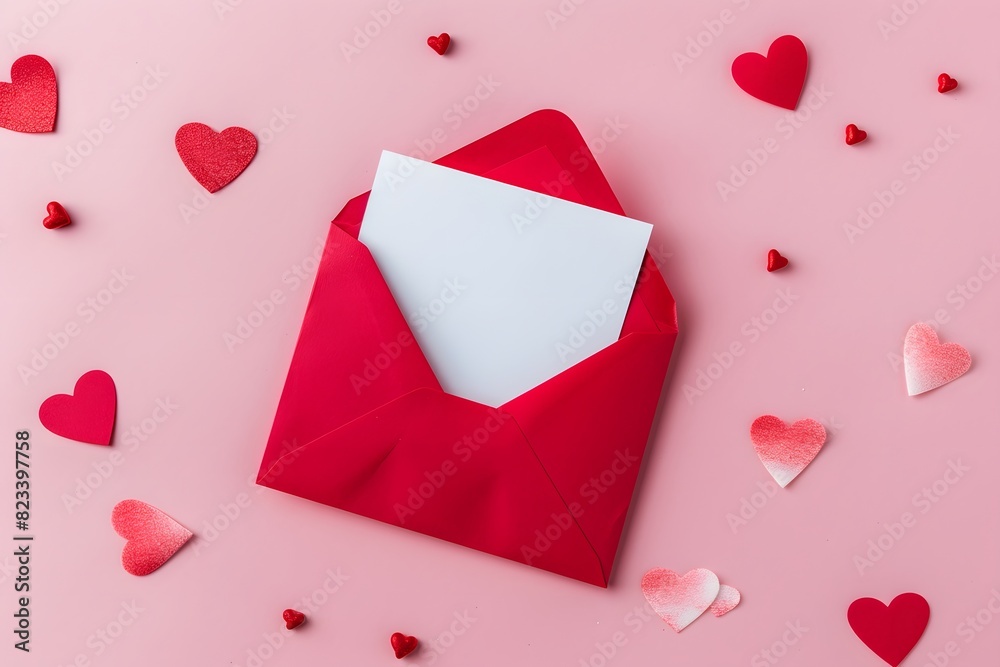 Red Envelope with Blank White Paper and Hearts on Pink Background