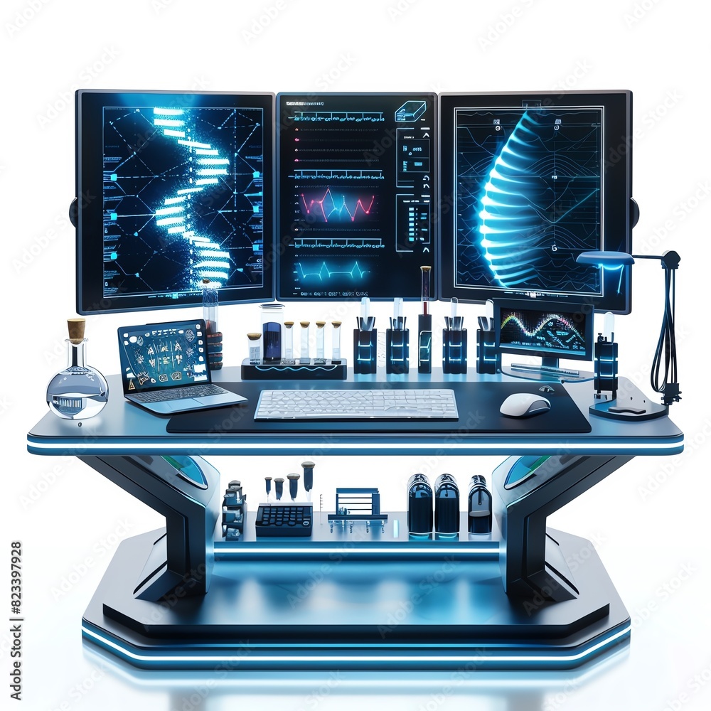 Futuristic tech workstation with multiple monitors, keyboard, and various gadgets. High-tech setup for analysis and research. Futuristic tech workstation with multiple monitors, keyboard, and various gadgets. High-tech setup for analysis and research.