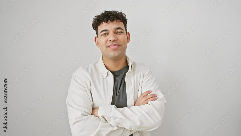 Young arab man wearing casual clothes happy face smiling with crossed arms looking at the camera. positive person. over isolated white background Young arab man wearing casual clothes happy face smiling with crossed arms looking at the camera. positive person. over isolated white background
