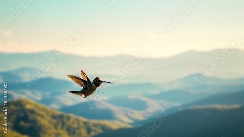 Hummingbird flying over mountains for nature or travel themed designs © Yusif