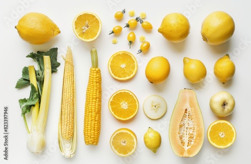 A flat lay of yellow fruits and vegetables on white background