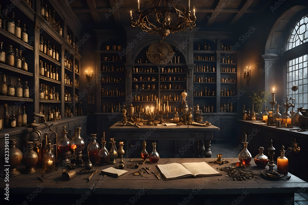 Obraz premium Alchemist workshop. A strange and creepy room with cabinets of curiosities filled with lots of bottles and glass jars. CG Artwork Background. AI generated digital illustration