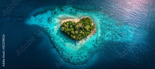 Heart-shaped , a tropical island surrounded by the sea. Tropical paradise background.