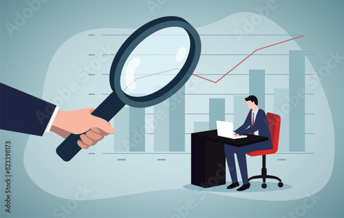 Boss is watching over employee. KPI assessment, promotion concept. Business vector illustration.