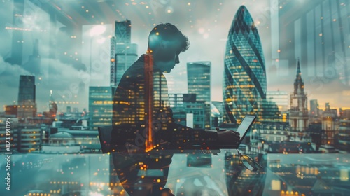 A man is sitting at a desk in front of a city skyline, working on a laptop. Concept of productivity and focus, as the man is fully engaged in his work