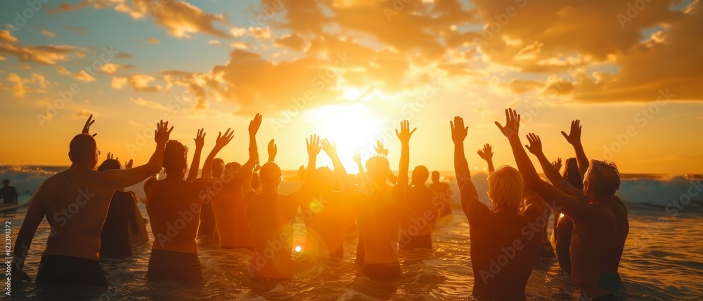A group of people are in the ocean, with their hands raised in the air A group of people are in the ocean, with their hands raised in the air