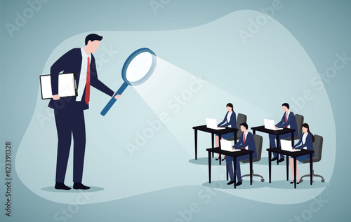Boss is watching over employee. KPI assessment  promotion concept. Business vector illustration.
