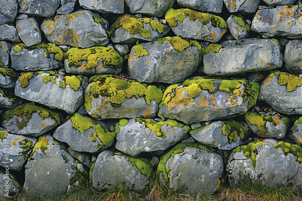 Digital image of  photo of a stone wall covered in moss, high quality, high resolution
