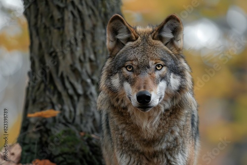 A wolf is standing in the woods behind a tree  high quality  high resolution