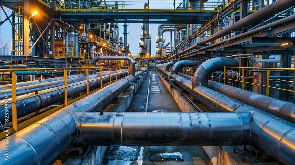 A large industrial plant with many pipes and a yellow and black color scheme A large industrial plant with many pipes and a yellow and black color scheme