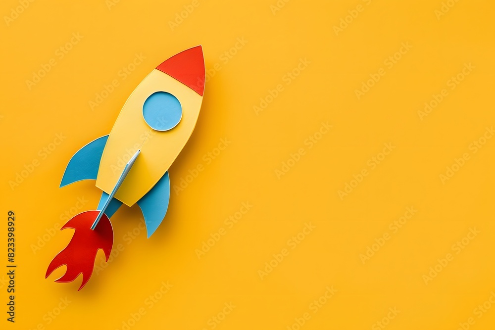 Paper Cut Rocket on Yellow Background with Copy Space Paper Cut Rocket on Yellow Background with Copy Space