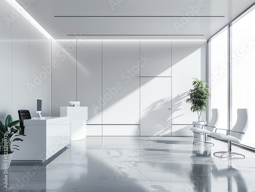 Modern minimalist office with sleek white decor  reception desk  chairs  large windows  and indoor plants creating a bright professional space.