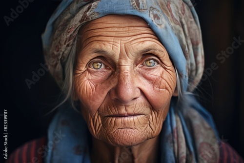Closeup portrait of old woman happy looking in camera