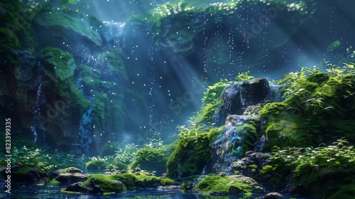 Top of the line CG  surreal photography.Moss-covered rocks with fresh rainwater in a woodland. beautiful  romantic  and beautiful lighting. Blue sky  ultra-high definition  front view  Nikon