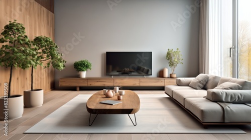 Interior of modern living room. Elegant Minimalist Living Room. Beautiful and large living room interior. Interior of a bright living room.