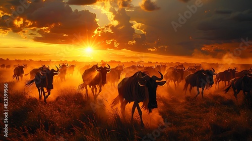 Roaming expansive plains of the Serengeti a herd of wildebeest kicks up dust as they embark on their annual migration their thunderous hooves echoing across the savannah photo