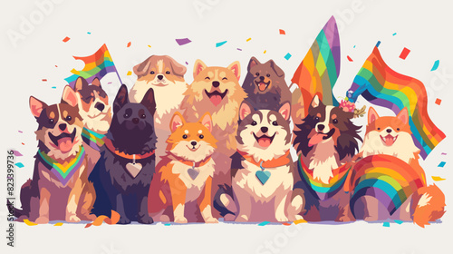 A flat vector illustration of a group of animals including a cat, dog, and bird, each holding a flag with the LGBTQ+ rainbow colors. The animals are arranged side by side on a white background