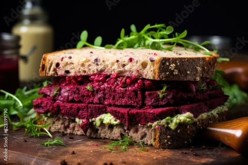 Delicious vegetarian sandwich with beetroot  avocado  and pea shoots  served on a rustic wooden board