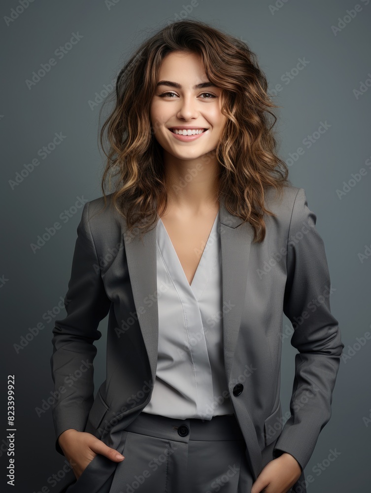Happy young business woman posing isolated over grey wall background