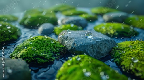 Top of the line CG  surreal photography.Close-up of rain droplets on vibrant green moss on stones. beautiful  romantic  and beautiful lighting. Blue sky  ultra-high definition  front view  Nikon