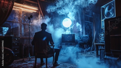 a man sitting in a chair in a room with a full moon photo