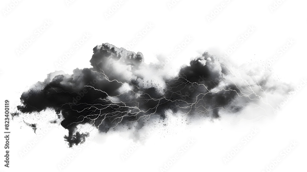 Black storm clouds with lightnings and smoke isolated on white background Black storm clouds with lightnings and smoke isolated on white background