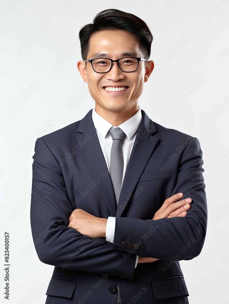 Asian man, company worker in glasses, smiling, standing over white background Asian man, company worker in glasses, smiling, standing over white background