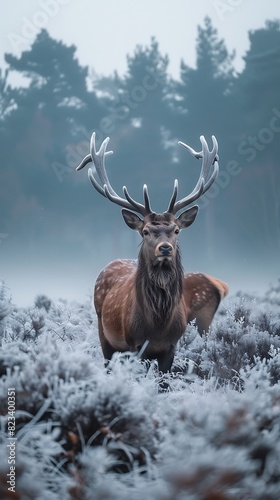 Roaming mistcovered moors of Dartmoor a pair of red deer graze peacefully amidst the heathercovered landscape their antlers silhouetted against the dusky sky