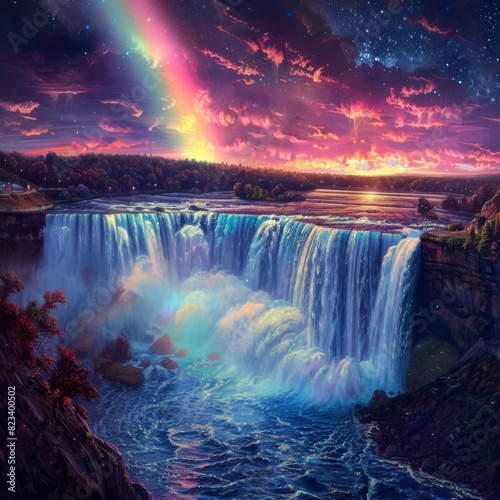 A painting depicting a waterfall cascading down with a vibrant rainbow arched across the sky.