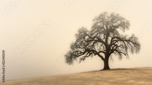 lone tree stands tall on a foggy hill, its branches reaching out into the mist as if dancing to an unseen rhythm.