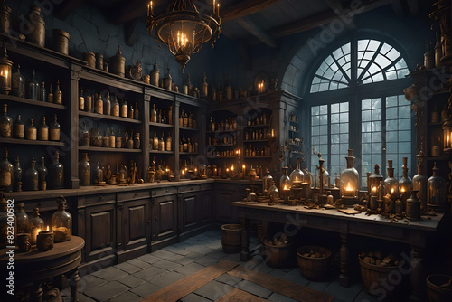 Alchemist workshop. A strange and creepy room with cabinets of curiosities filled with lots of bottles and glass jars. CG Artwork Background. AI generated digital illustration photo