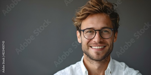 Young professional in glasses smiling against gray background in studio portrait. Concept Portrait Photography  Studio Shoot  Professional Look  Stylish Glasses  Gray Background