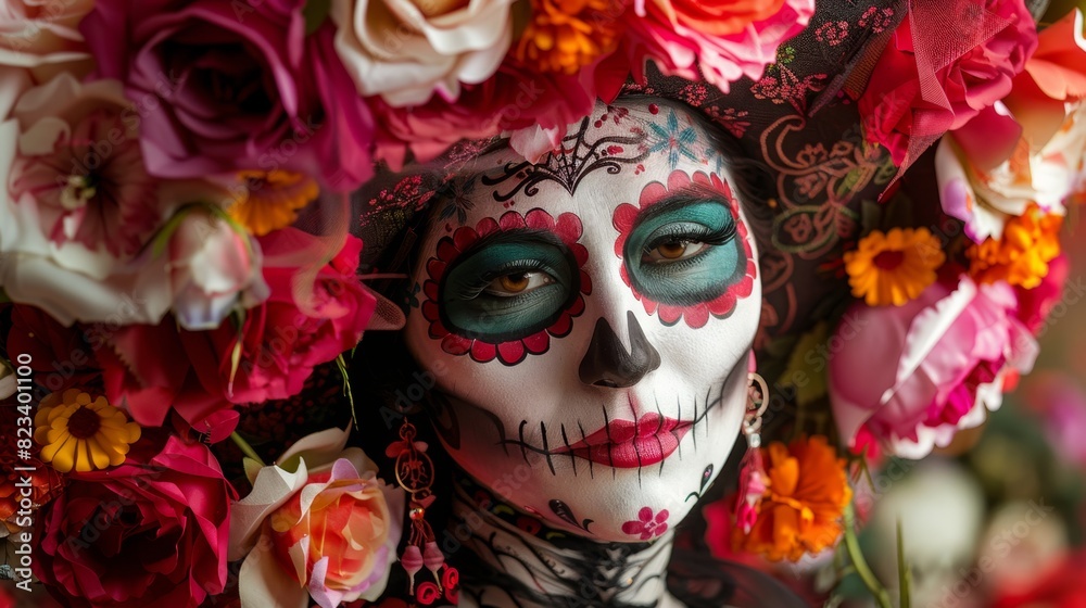 Vibrant Day of the Dead Celebration Makeup with Floral Background Vibrant Day of the Dead Celebration Makeup with Floral Background