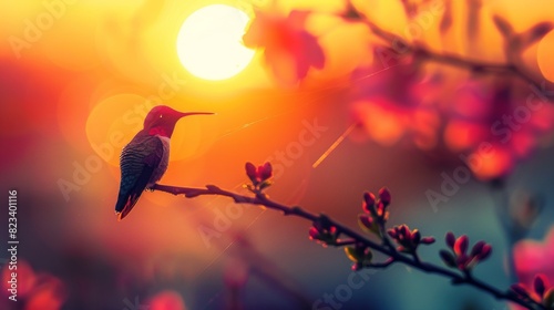 Hummingbird perched on a branch at sunset