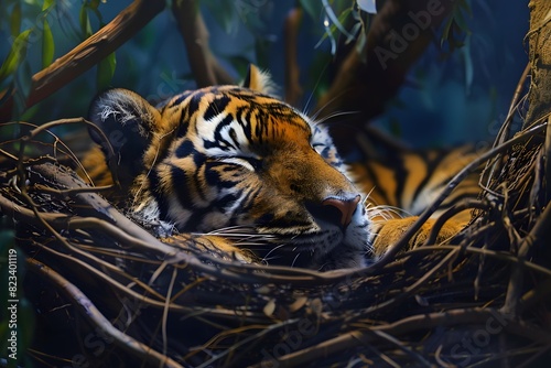 a tiger is sleeping in the den