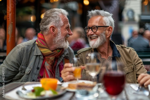 An older LGBTQ  couple enjoying a meal together at an outdoor restaurant  smiling and engaged in conversation