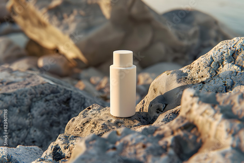 Mockup of a skin care product bottle standing on a rock