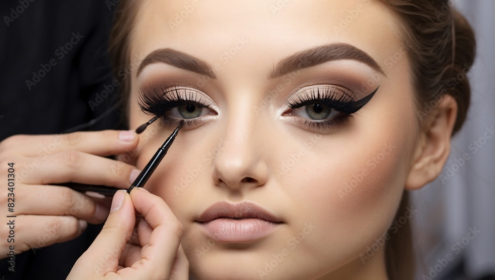 A close-up of a woman's eye. A makeup artist is applying black liquid eyeliner to the woman's upper lash line.

