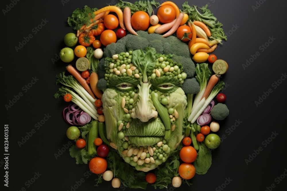 Artistic arrangement of fresh vegetables creating a serene nature deity face on a dark background Artistic arrangement of fresh vegetables creating a serene nature deity face on a dark background