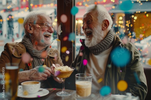 An elderly LGBTQ  couple sitting at a cozy cafe  sharing a dessert and laughing together